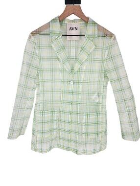 AVN Italy Plaid Structured Sheer Organza Single Button Blazer